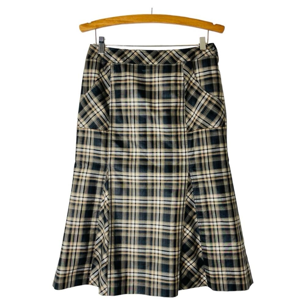 Vintage grey black tan plaid madras preppy grunge cottagecore midi skirt medium